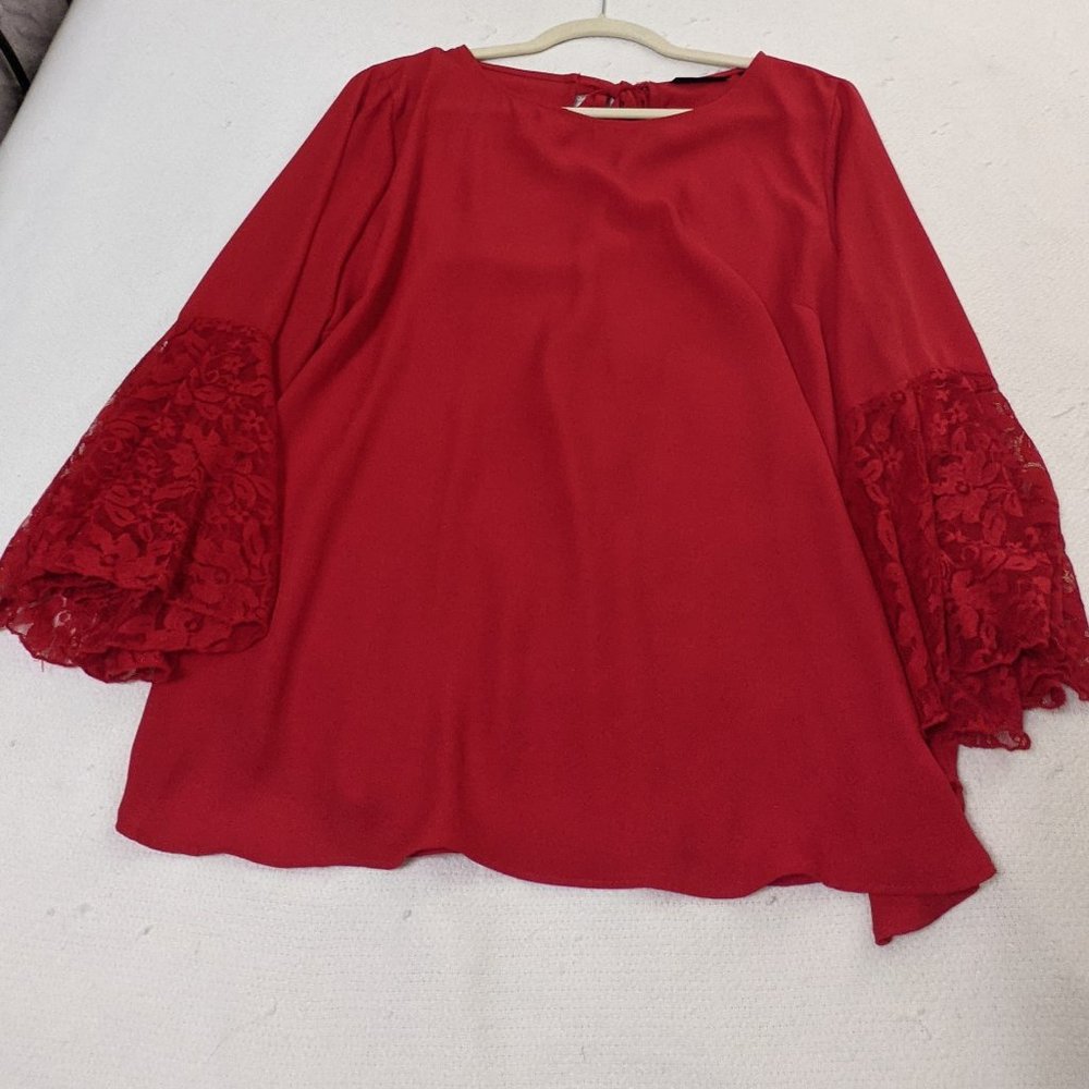NY & Company Red blouse with 3/4 length bell lace sleeves XL